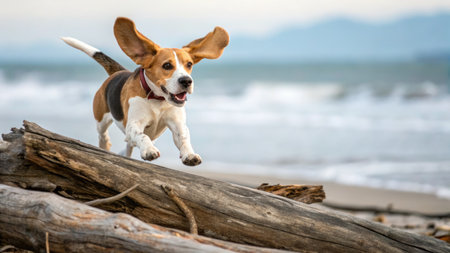 A playful beagle leaps over driftwood on a sandy beach, ears flapping in the wind. The blurred ocean...