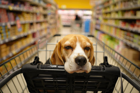 A beagle dog sits patiently in a shopping cart, looking directly at the camera in a supermarket.の写真素材
