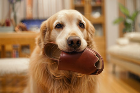 A golden retriever lovingly holds a brown leather slipper in its mouth, offering it to the viewer with an endearing expression.の写真素材