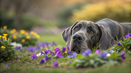 A majestic Great Dane gazes serenely amidst vibrant purple and yellow flowers, a close up captures its gentle eyes in the sunlit garden.の写真素材