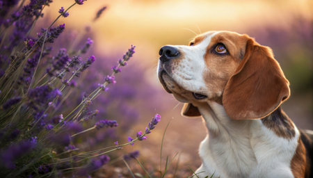 A curious beagle gazes upwards, framed by vibrant purple lavender in a warm, sunlit field.の写真素材