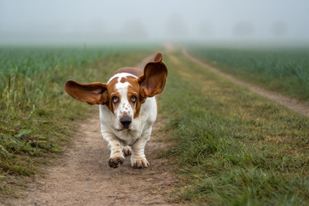 A basset hound sprints down a dirt path, ears flapping in the wind, with a blurry background of a green field and a foggy sky.の写真素材