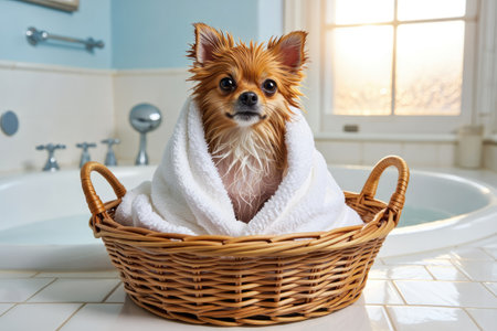 A wet, adorable Pomeranian dog is wrapped in a white towel, sitting in a basket after a bath in a bathroom.の写真素材