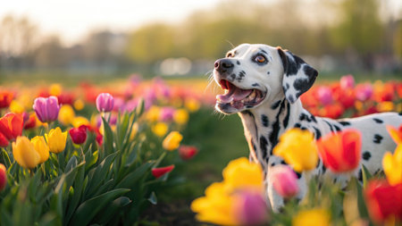 A dalmatian dog in a vibrant field of colorful tulips, enjoying a sunny day outdoors, with soft focus in the background.の写真素材