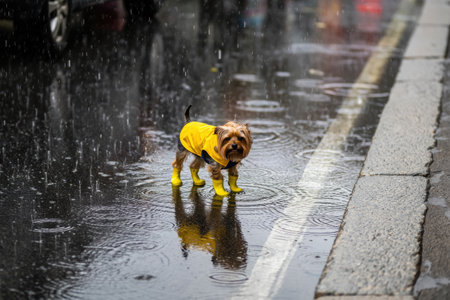 A charming Yorkshire Terrier, stylishly dressed in a yellow raincoat and boots, enjoys a rainy day on the city streets.の写真素材