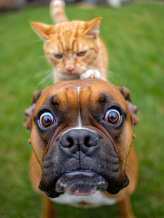A funny moment captured of a boxer dog with wide eyes being sat upon by a curious orange cat.の写真素材
