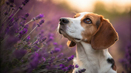 A beagle gazes up towards the light, framed by vibrant purple lavender flowers. The dog's brown eyes create a striking contrast.の写真素材