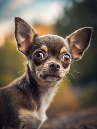 A curious chihuahua gazes directly at the camera with wide, expressive eyes, capturing a moment of playful charm.の写真素材