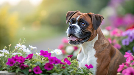 A happy boxer dog is surrounded by colorful flowers, bathed in soft sunlight.の写真素材