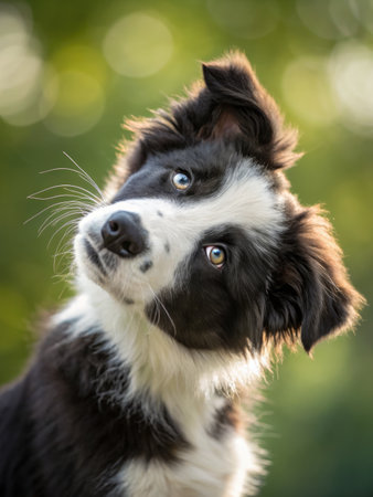 A charming close up of a Border Collie puppy tilting its head inquisitively against a blurred green background. The puppy's expressive eyes draw the viewer in.の写真素材