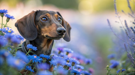 A charming dachshund dog gazes out from a field of vibrant blue flowers, creating a picturesque scene.の写真素材
