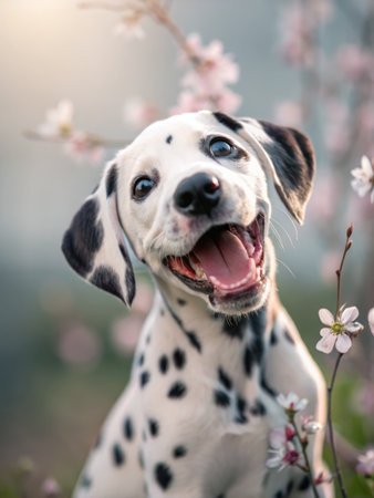 A charming close up of a happy Dalmatian puppy with beautiful pink flowers. The dog is smiling, radiating joy and innocence.の写真素材
