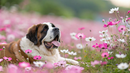 A beautiful Saint Bernard dog relaxes in a field of vibrant pink and white flowers, enjoying the...