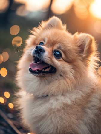 Adorable Pomeranian dog with open mouth looking up, joyful and playful. Captured in a close up shot...
