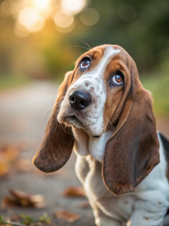 A basset hound looks up inquisitively with expressive eyes, captured in soft focus, highlighting its...