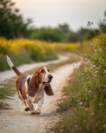 A basset hound joyfully runs along a dirt path, ears flapping, in a vibrant natural setting. The golden hour illuminates the scene.の写真素材