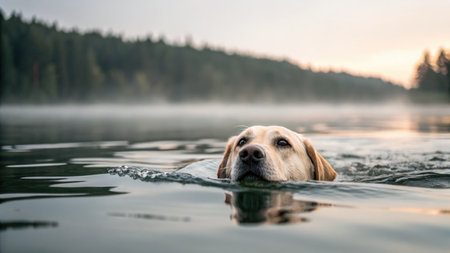 A yellow Labrador retriever swims in a lake. The dog's head is above the water, and the scenery includes a forest and foggy atmosphere.の写真素材