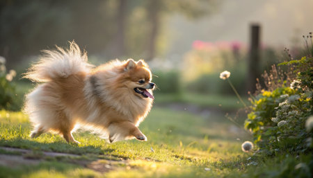 A fluffy Pomeranian dog runs happily through a sunny field, tongue out, enjoying the day.の写真素材