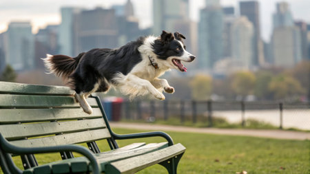 A black and white border collie leaps over a park bench in a city park, tongue out. The city skyline is in the background.の写真素材