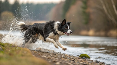 A black and white Border Collie bounds through water near the shore, splashing water and appearing joyful.の写真素材
