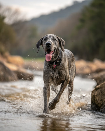 A dog runs through water with a look of joy and excitement, enjoying its time in nature.の写真素材
