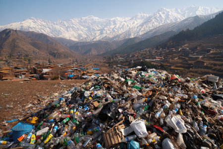 A vast rubbish dump dominates the foreground, with a town and snowy mountains in the background, highlighting environmental pollution.の写真素材
