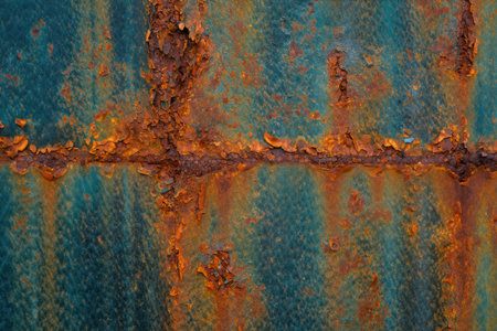 A close up shot of a weathered metal surface with a blend of rust and blue green paint, revealing textures and signs of age.の写真素材