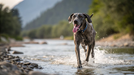 A large grey dog runs in the water with its tongue out. Mountains and trees are in the background.の写真素材