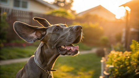 A close up of a Great Dane dog with its mouth open, showcasing its teeth, against a blurred background of a house and sun.の写真素材