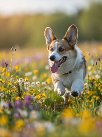 A happy corgi dog runs joyfully through a field of colorful wildflowers, tongue out.の写真素材
