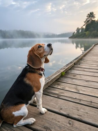 A beagle sits on a wooden pier, looking up at the sky near a tranquil lake. The scene is peaceful with a touch of morning mist.の写真素材