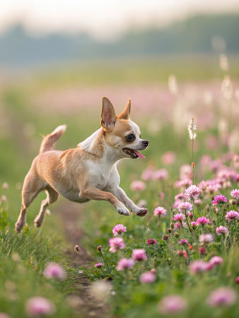 A happy Chihuahua dog jumps joyfully through a field of wildflowers on a beautiful sunny day.の写真素材