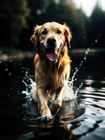 A golden retriever runs joyfully through the water, creating splashes. The dog's happy expression is captured in this action shot.の写真素材