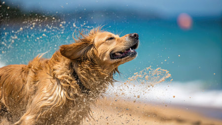 A golden retriever shakes off water on a sunny beach day, capturing a moment of joy and energy.の写真素材
