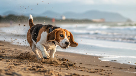 A beagle sprints joyfully across a sandy beach, kicking up sand with the ocean and mountains in the background.の写真素材