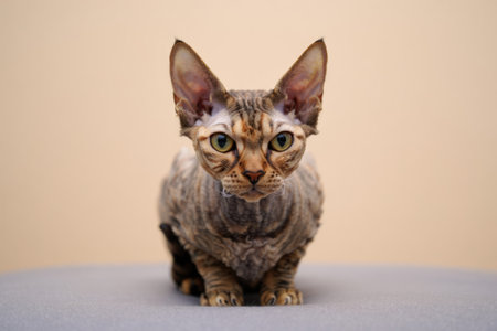 A close up portrait of a Devon Rex cat sitting and looking directly at the camera.の写真素材