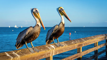 Two pelicans perched on a wooden pier railing with the ocean and sailboats in the background under a clear blue sky.の写真素材
