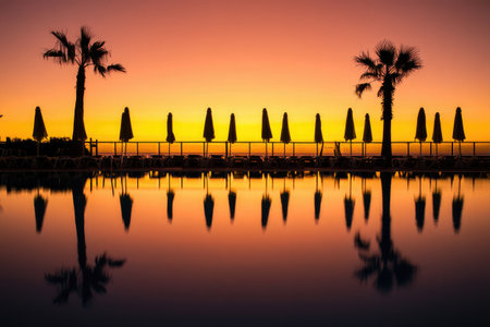 A serene twilight scene unfolds, with palm trees and closed umbrellas mirroring in the tranquil water, bathed in the warm hues of sunset.の写真素材