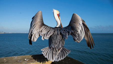 A brown pelican spreads its wings on a wooden pier, with the vast ocean and clear blue sky as the backdrop.の写真素材