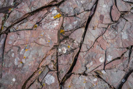 Close up of textured red rock formations with lichen and cracks, a natural landscape.の写真素材