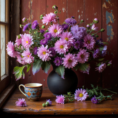 A beautiful still life featuring a bouquet of pink and purple flowers in a dark vase with a patterned cup on a wooden table.の写真素材