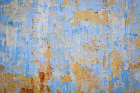 A close up view of an old wall with peeling paint, showcasing a textured and weathered surface with layers of blue and yellow hues.の写真素材