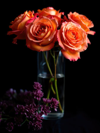 A stunning arrangement of orange roses in a glass vase, set against a dark, dramatic background with a touch of purple flowers.の写真素材