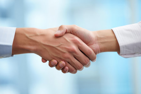 A close up shot of two hands clasped together in a firm handshake, symbolizing agreement and cooperation.の写真素材