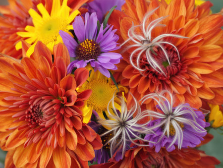 A vibrant close up of a colorful bouquet featuring orange, yellow, and purple flowers, with delicate seed pods.の写真素材