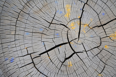 Close up of a weathered tree stump showcasing intricate cracks and growth rings with hints of blue and yellow paint.の写真素材