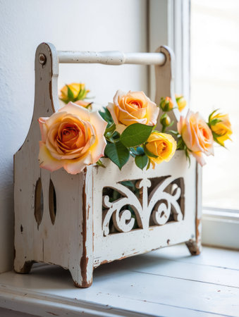 A charming arrangement of orange roses in a distressed wooden holder sits on a windowsill. Soft natural light.の写真素材