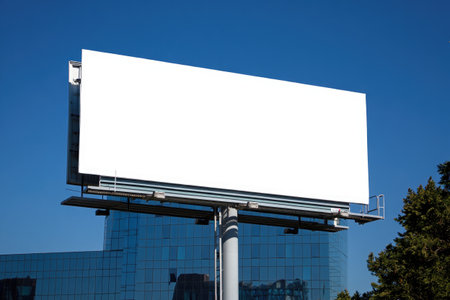 A large outdoor billboard stands tall against a clear, blue sky, offering space for advertising near a modern building.の写真素材