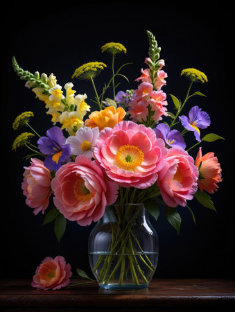 A vibrant floral arrangement featuring a variety of colorful blooms in a glass vase against a dark background.の写真素材