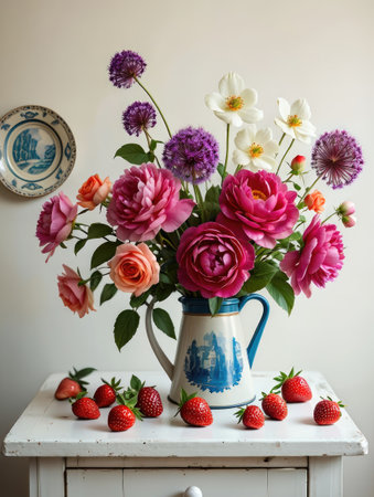 A charming still life features a floral arrangement with roses and other flowers, fresh strawberries, and a decorative pitcher on a white table.の写真素材